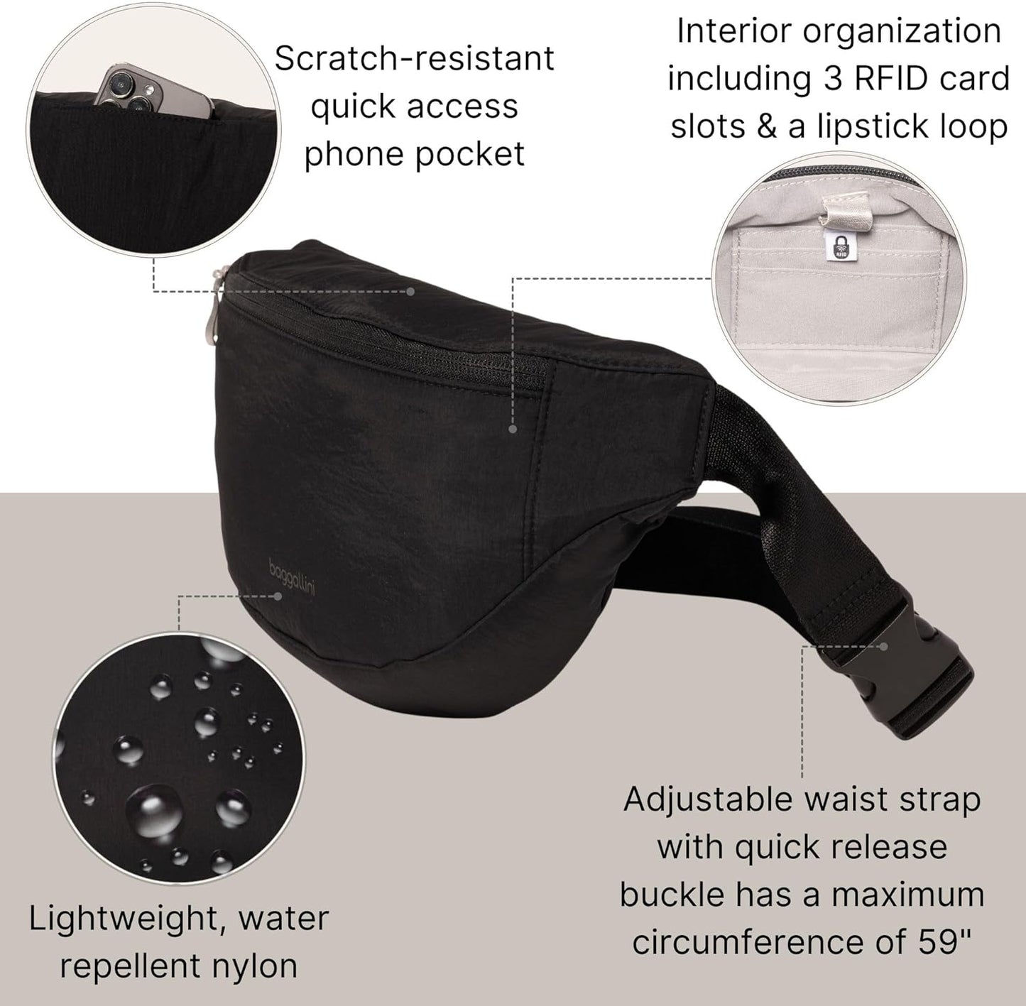 Baggallini Style Swift Belt Bag Sling Bag - Lightweight 12"x7" Crossbody Bag Fanny Pack Belt w/RFID