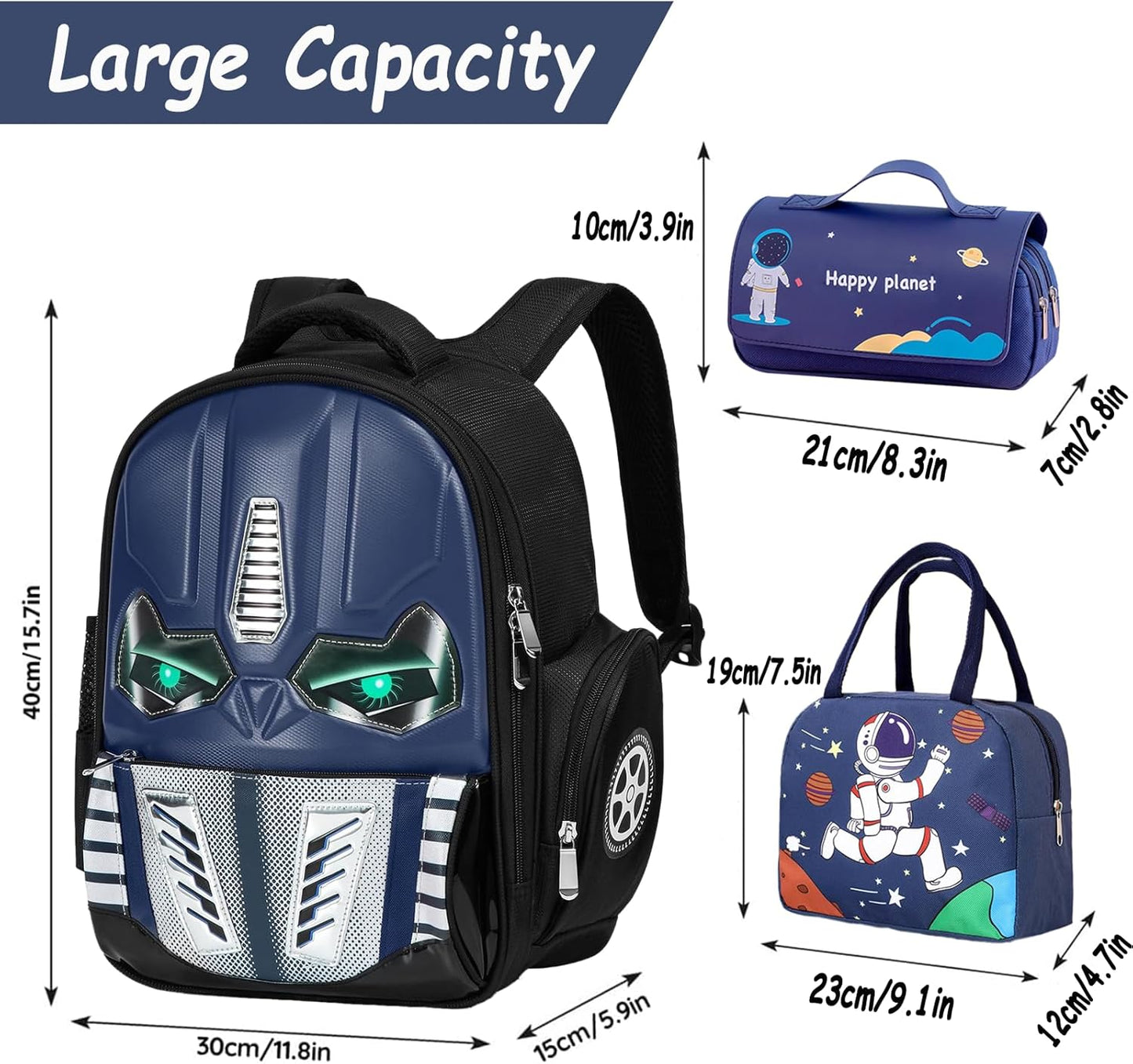 Kids Backpack for School, Boys Backpack with Lunch Bag and Pencil Case, Robot Backpack for Boys, Mochila Para Niños