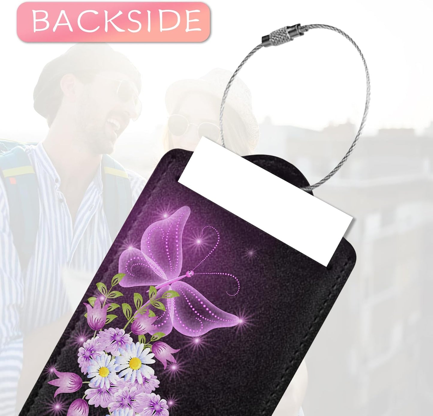 Luggage Tags for Suitcases, 2 Pack Fantasy Purple Butterflies Luggage Tag, Leather Stainless Steel Loop Label Tag for Men Travel Bag Suitcase