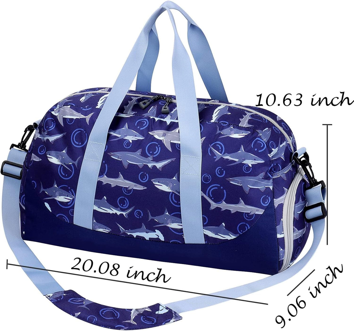 Choco Mocha Kids Duffle Bag - Boys Shark Travel Overnight Bag for Toddlers - Weekender Duffel for Children's Gym Sports Sleepover - 6-8 Gift Navy