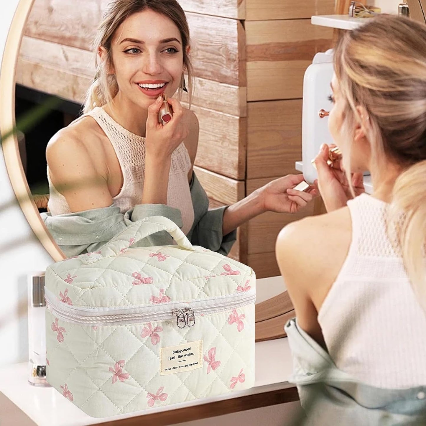 Quilted Makeup Bag, Large Makeup Bag, Cute Cosmetic Bag for Women Girls, Floral Coquette Aesthetic Travel Toiletry Make Up Organizer Bag-White Bow