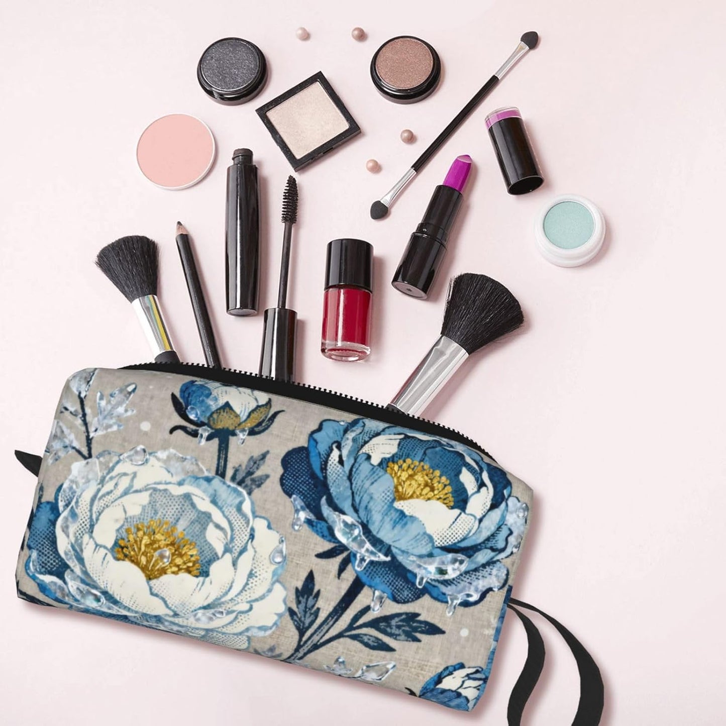 Blue White Floral Makeup Bag Organizer Compact & Durable Frosted Floral Travel Cosmetic Bag Oxford Fabric Impact-Resistant Multi-Purpose Storage Perfect for Travel, Gym, Daily Use