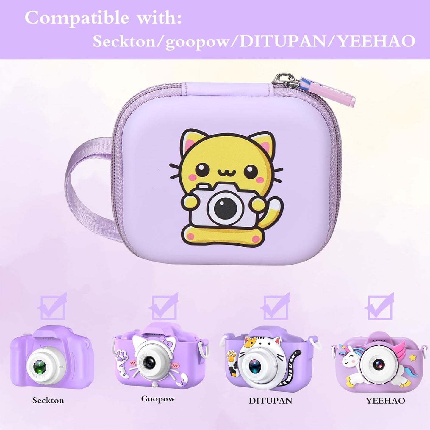 Kids Camera Case Compatible with Seckton/Goopow/DITUPAN/YEEHAO/Hangrui/Masterbee/OUTUVAS/GKTZ Digital Video Camera Toys Camcorder Storage Holder Carrying - Purple Cat