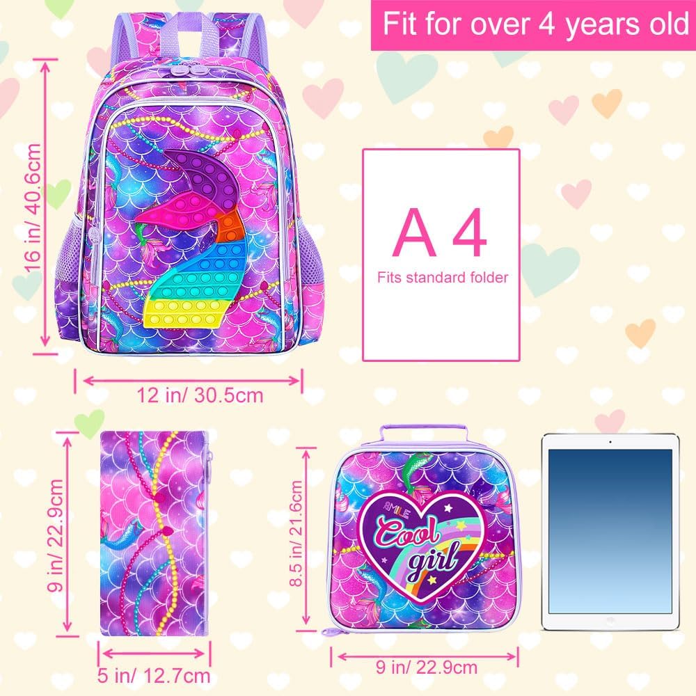 AGSDON 3PCS Mermaid Backpack for Girls, 16" Kids Backpacks with Lunch Box, Water Resistant Girl Bookbag for School Elementary