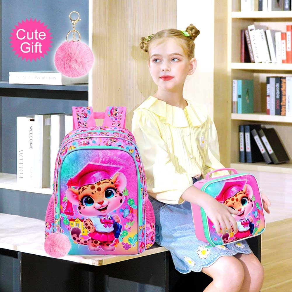 3PCS Leopard Bookbag for Girls, 16" Kids Backpack with Lunch Box, Water Resistant Elementary Prechool Toddler Shool Bag - Pink Dr. Leopard