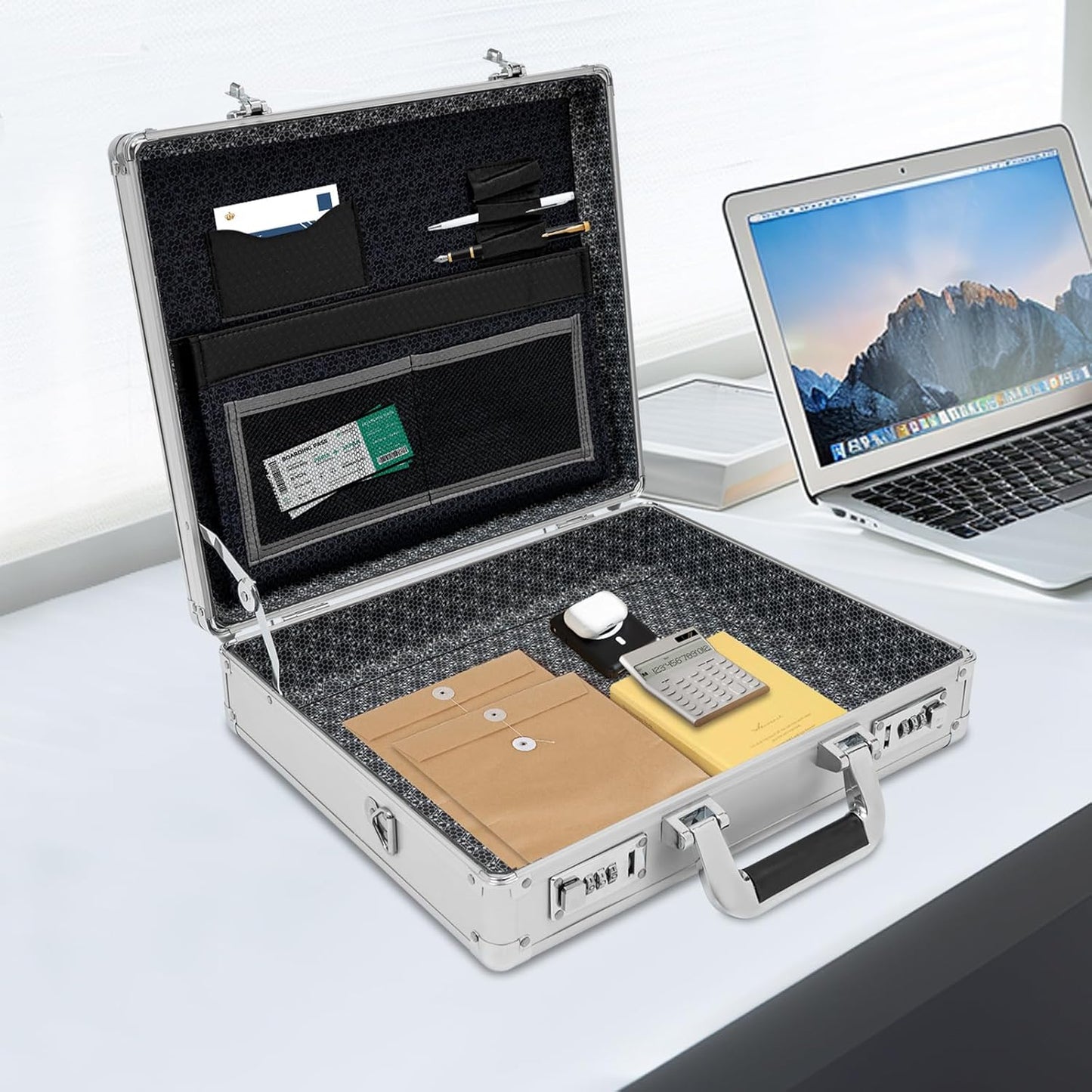 Locking Briefcase, Metal Briefcase w/Strap, Hard Aluminum Carrying Case for Documents/Laptops/Cell Phones