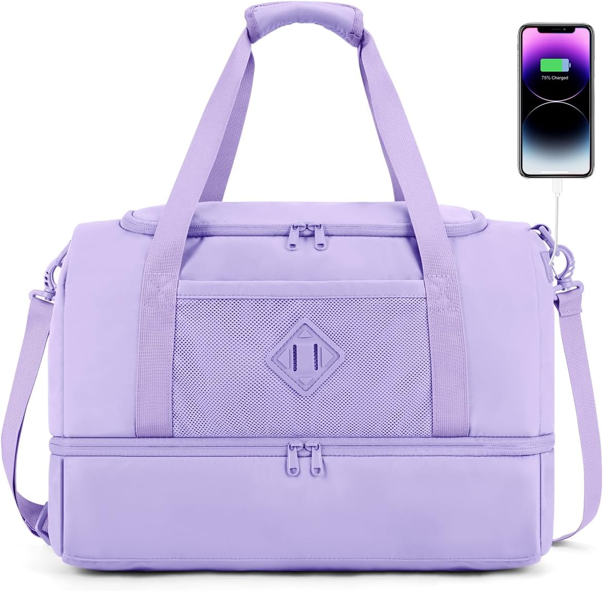 WANDF Travel Duffel Bag with Wet Pocket & Shoe Compartment, 18x14x8 Personal Item Bag with USB Charging Port, Water-Resistant Gym Weekender Overnight Carry-on for Women Men (Purple)