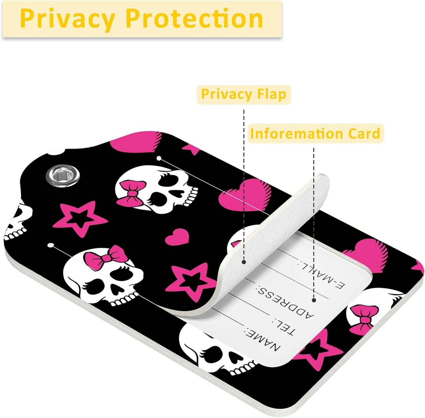 2 Pack Luggage Tags for Suitcases,Hearts and Skulls Luggage Tag,PU Leather Id Label Luggage Tags with Stainless Steel Loop and Privacy Cover for Women Men Teens Travel