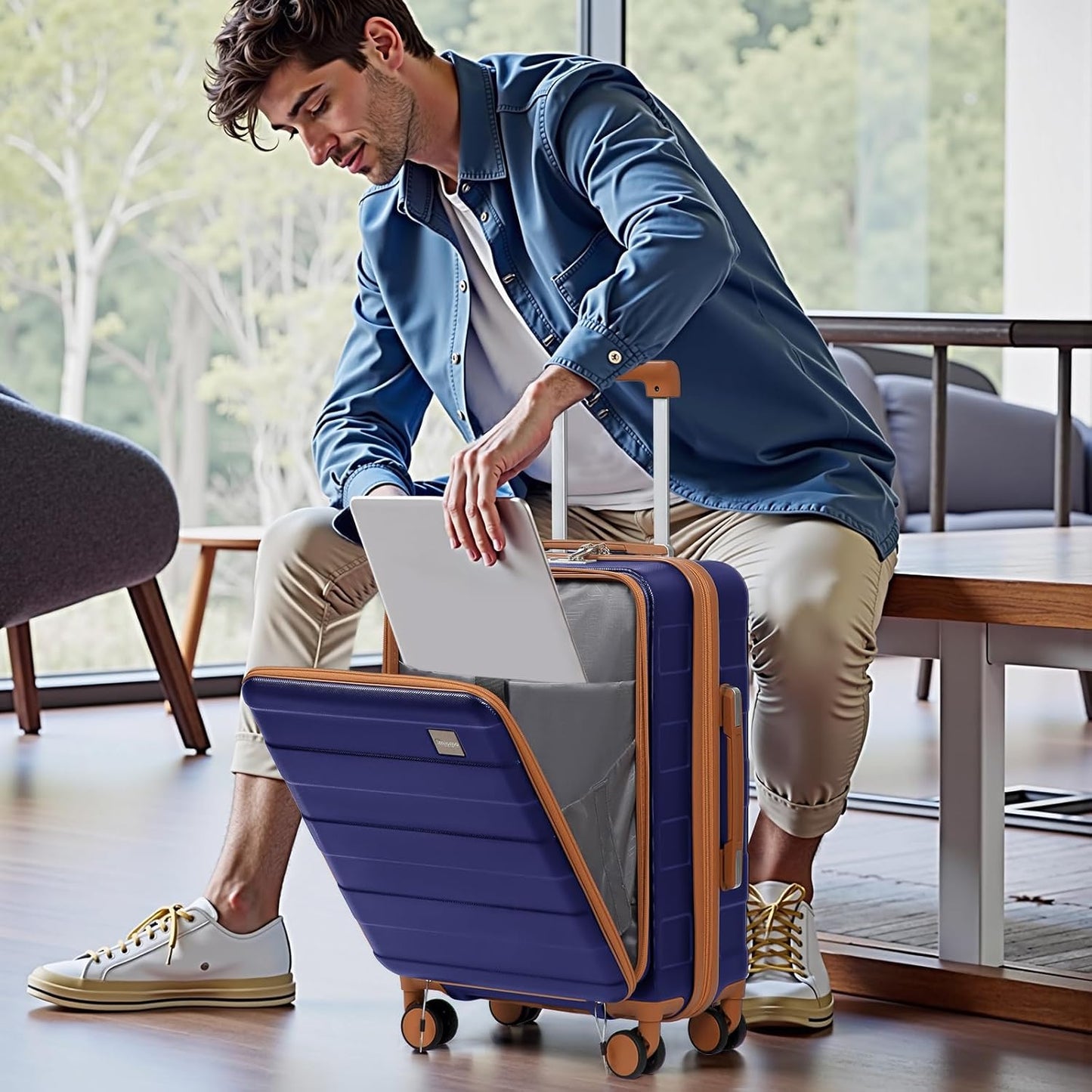 imiomo Carry on Luggage Airline Approved, Lightweight Hard Shell Carry-on Suitcase, 20 Inch Travel Luggage with Spinner Wheels and USB Port, Navy Brown