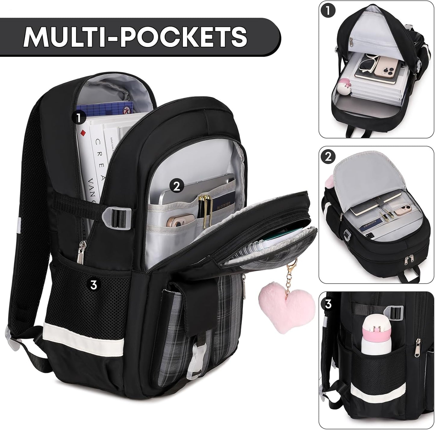3PCS Backpack For School Women College Middle High Teen Girls Student Bookbag Waterproof Laptop Bag Plaid Black