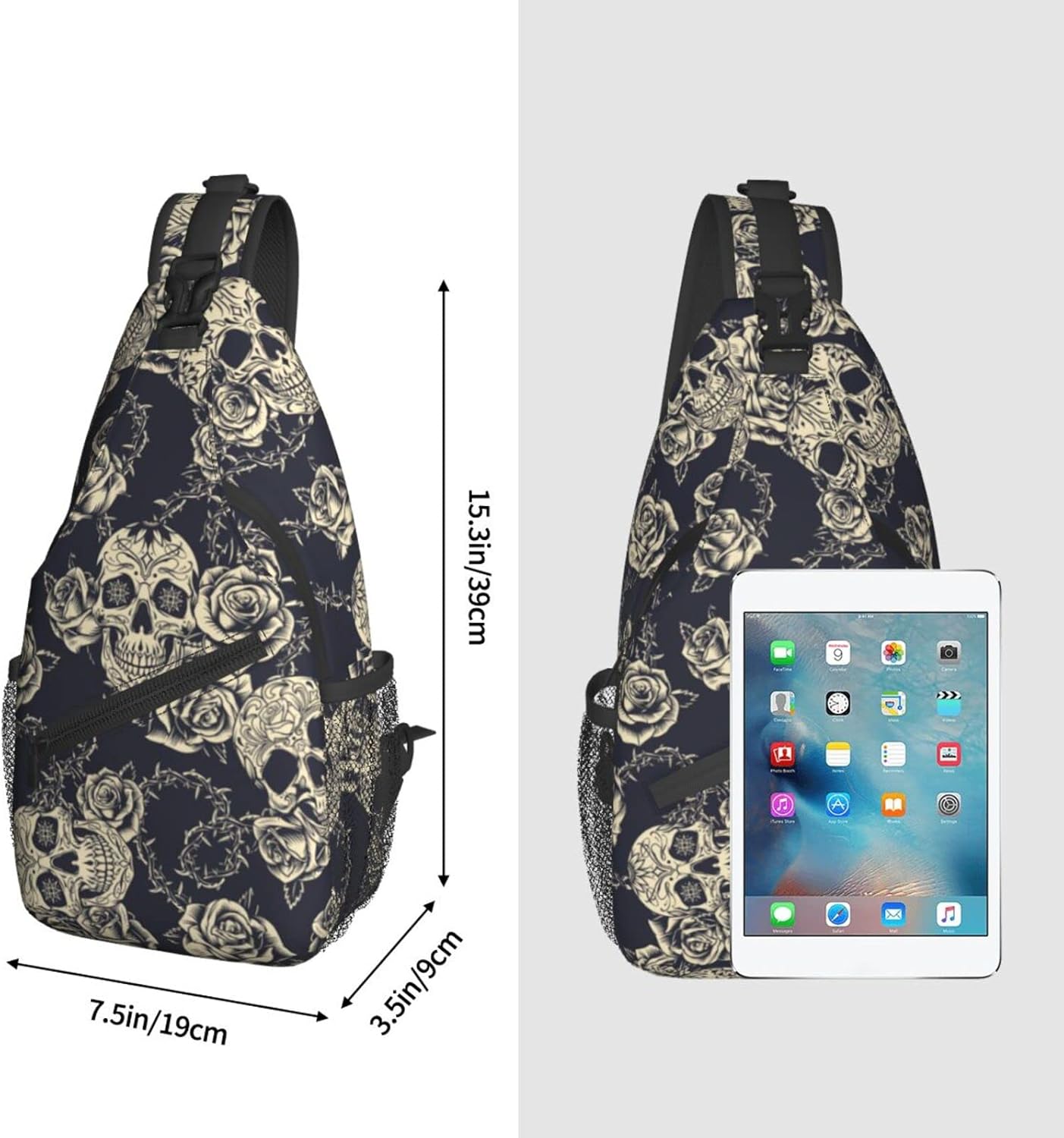 bassyil Skull Rose Sling Bag Crossbody Travel Hiking Chest Backpack Shoulder Daypack for Women Men