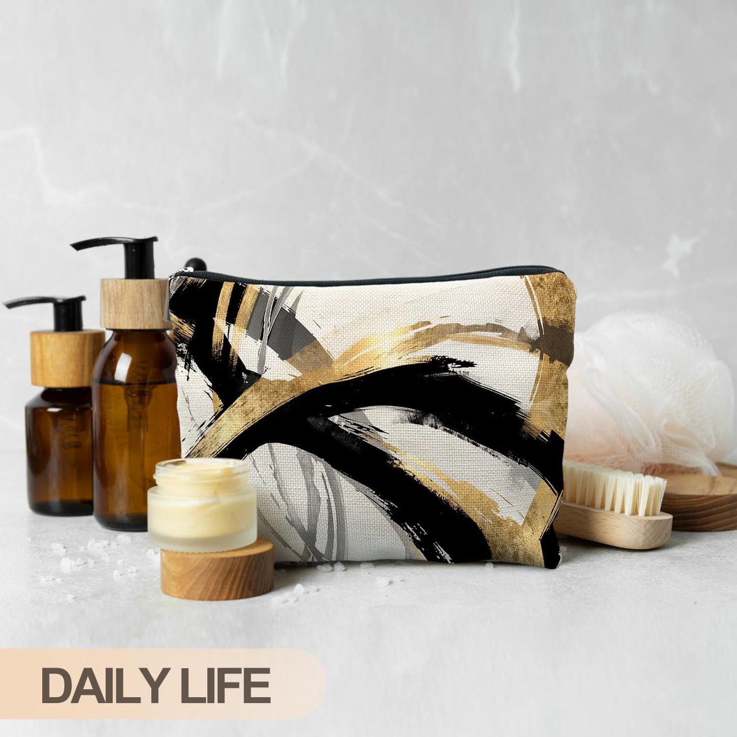 Abstract Black and Gold Makeup Bag, Boho Black White and Gold Cosmetic Bags for Women, Boho Gifts for Women, Mid Century Modern Zipper Makeup Pouch