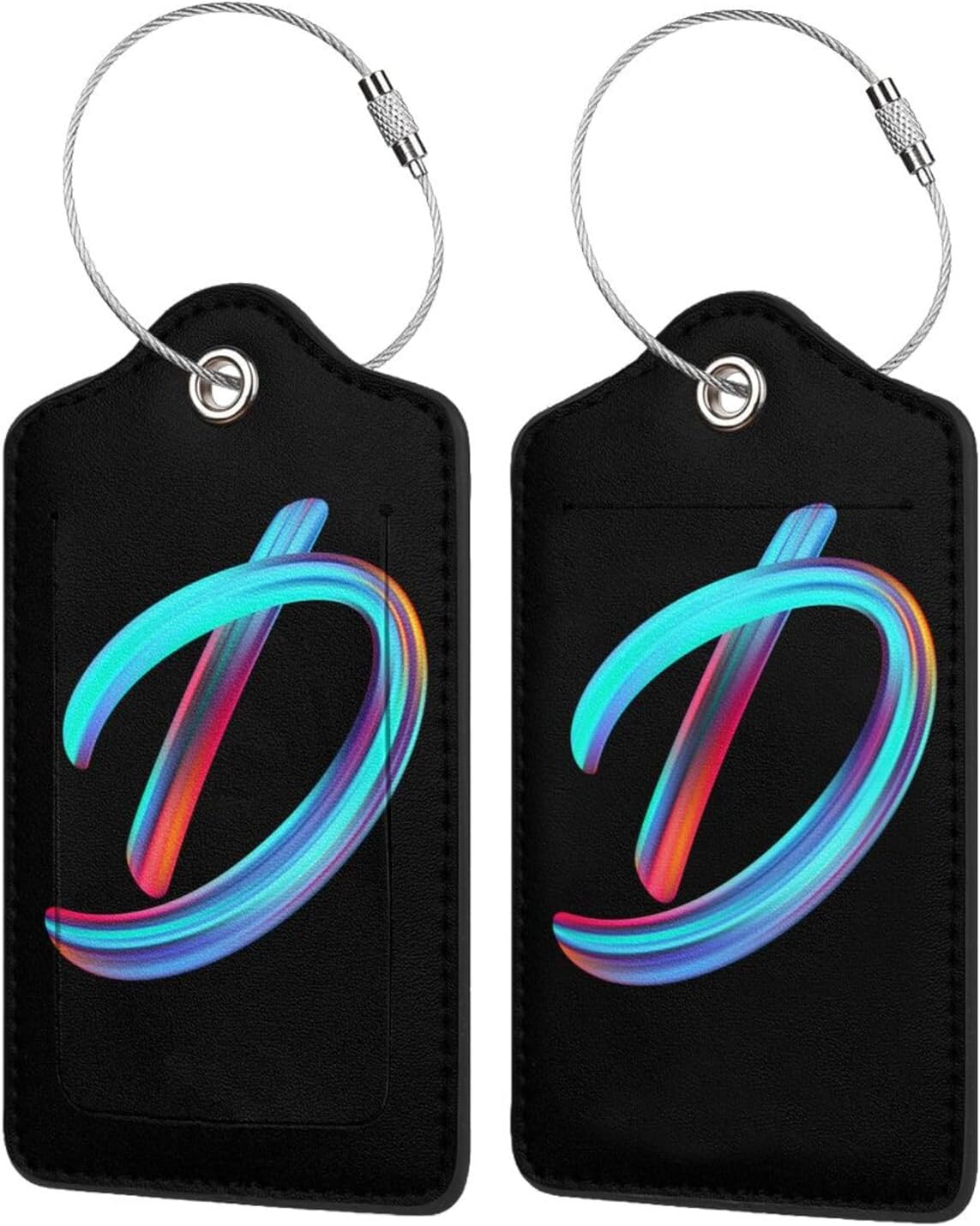 2 Pack Initial Luggage Tags for Suitcase, Colorful Letter Design Cruise Name Bag Tags, Novelty Baggage Identifiers with Full Privacy Cover, Leather ID Label for Women Men Kids Travel, Rainbow Letter D