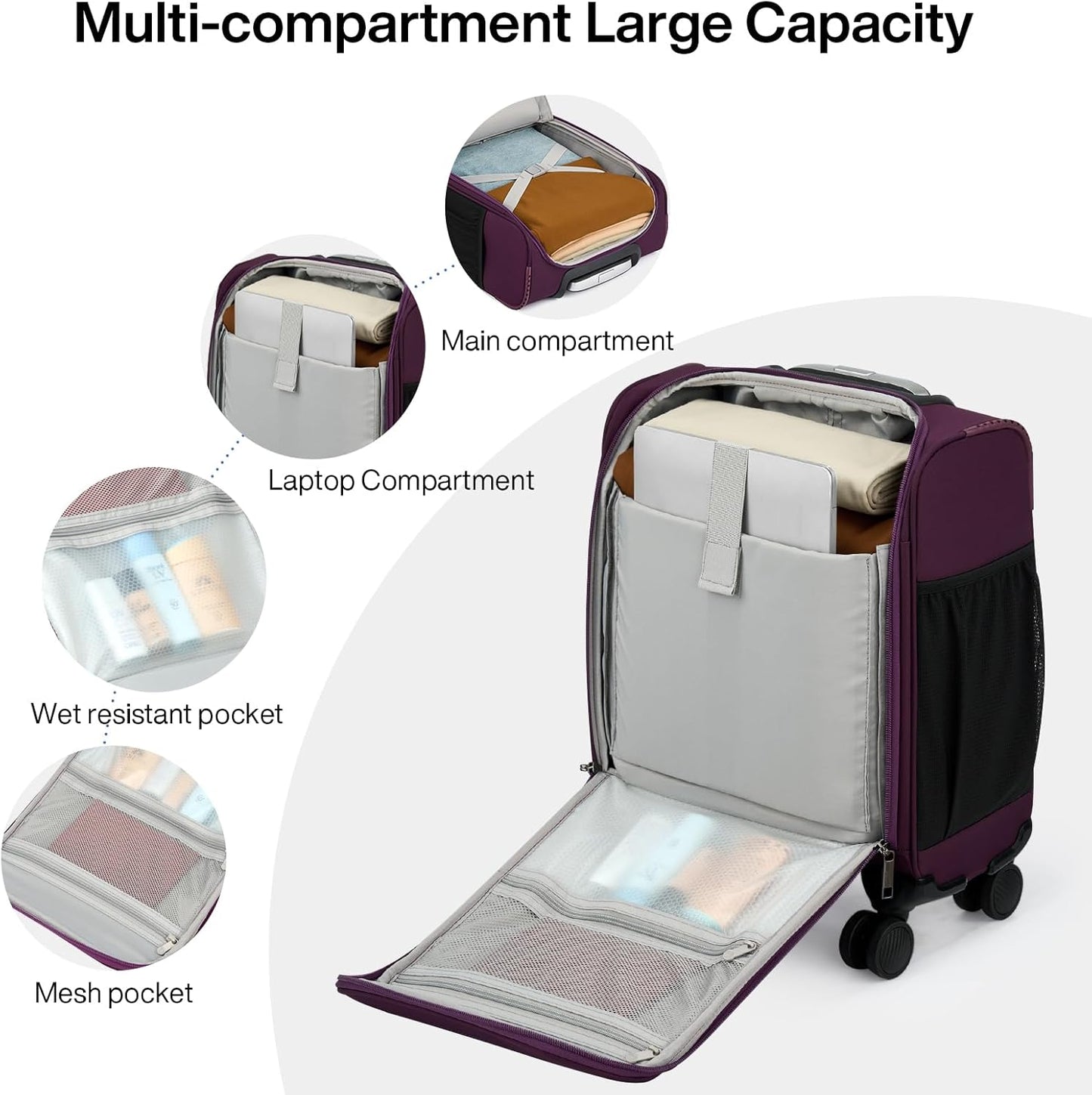 MILADA Carry On Luggage Airline Approved 16 Inch Underseat Small Suitcases with Wheels Softside Travel Luggage Personal Item Overnight Bag Business Mini Suitcase for Women and Men, Purple