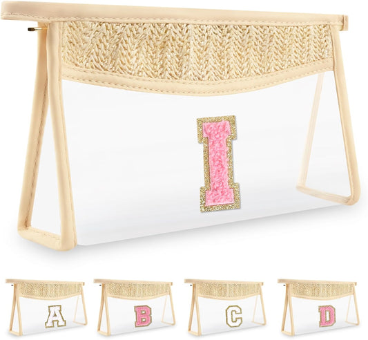 Small Boho Straw Initial Letter Makeup Bag Personalized Gift ,Cute Clear Chenille Patch Makeup Bag With Zipper,Trendy TSA Approved Travel Toiletry Bag,Gift for Women Girls Birthday Friend, Letter I