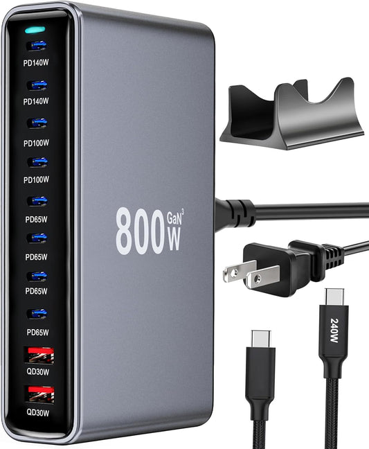 800W USB C Fast Charger Block, 10 Port USB Charging Station, GaN Ⅲ Pro Double 140W PD PPS Port Fast Charging Station for Multiple Devices,Laptop Wall Charger Compatible with iPhone 17/iPad/MacBook etc