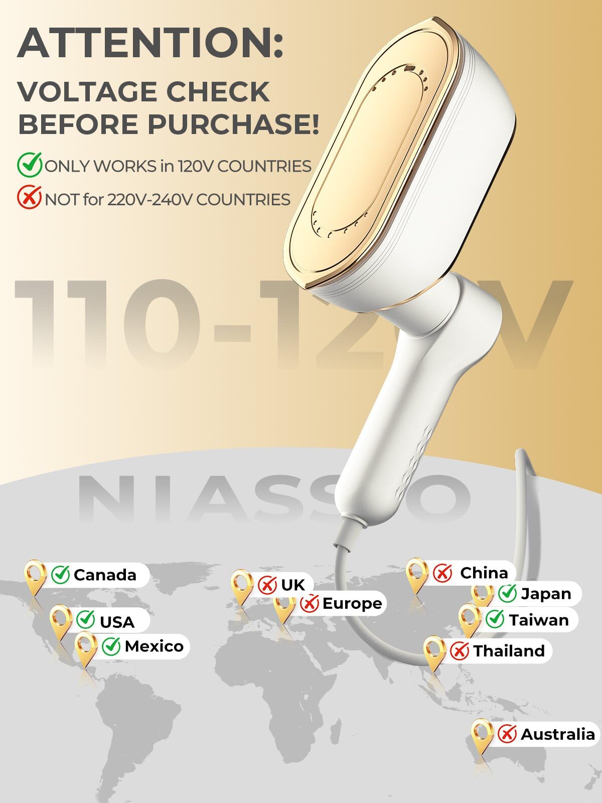 NIASSO Travel Steamer, 1200W Portable Handheld Fabric Steamer for Clothes