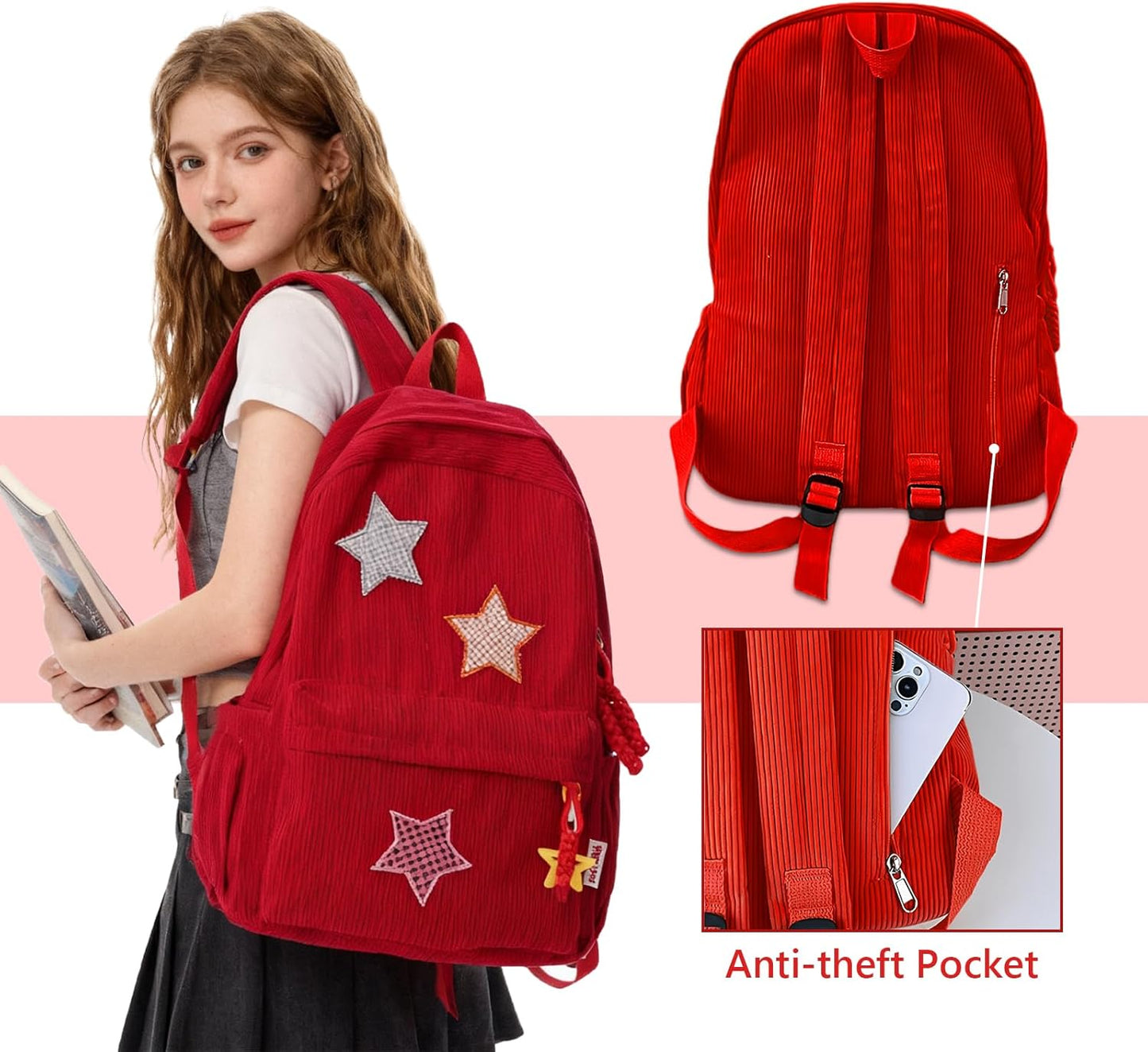 Corduroy Backpack with Star Pattern, Trendy and Versatile, Fits 14'' Laptop Large Capacity Daily Commute (Red)