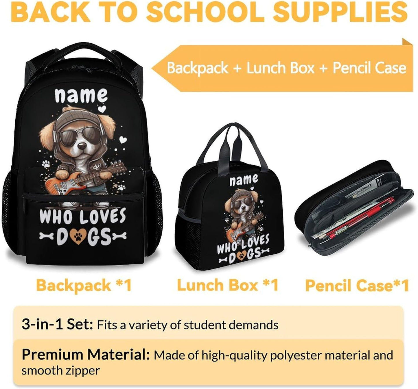 Custom Dog Backpack with Lunch Box, Set of 3 School Backpacks Matching Combo, Cute Black Bookbag and Pencil Case Bundle