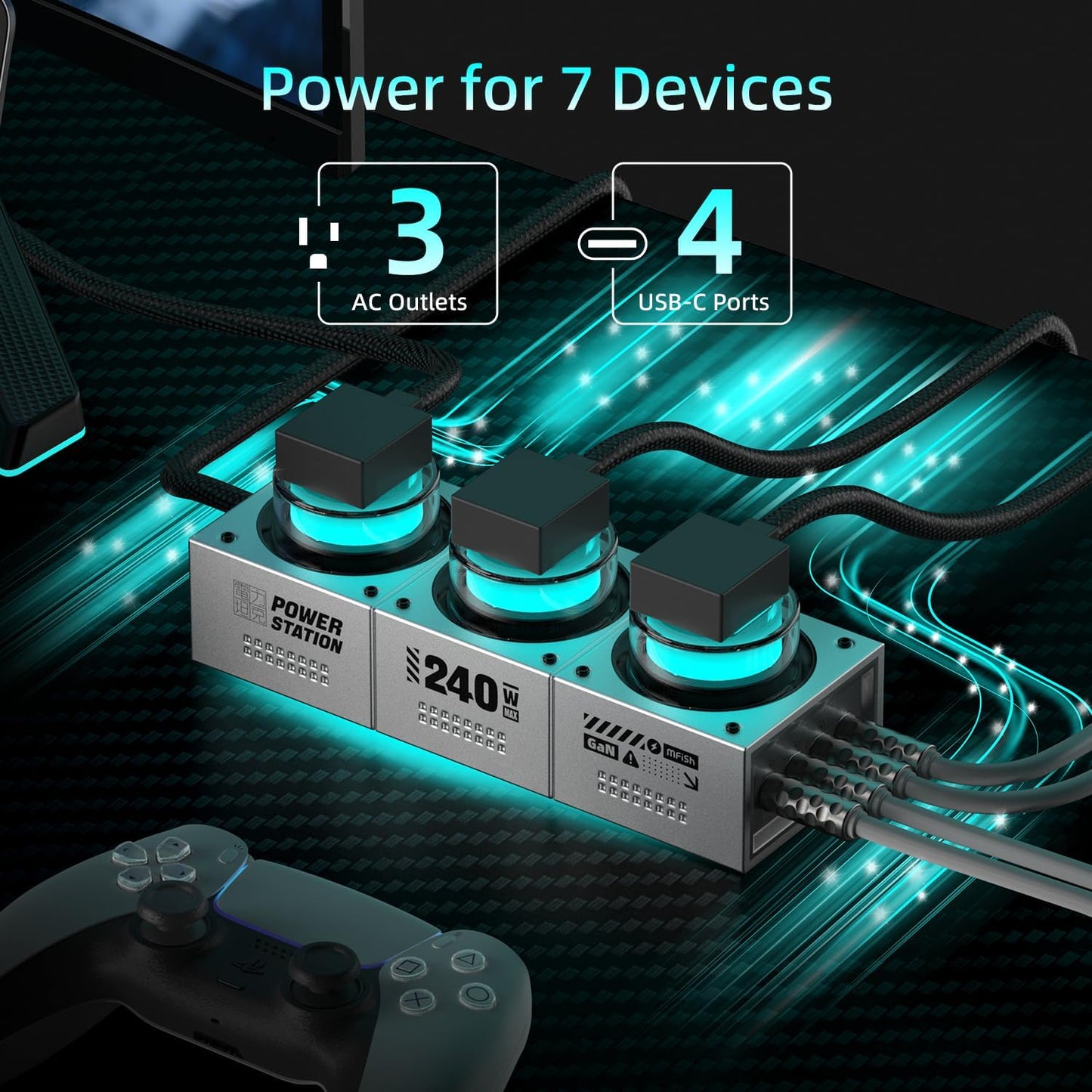 Mfish 7-in-1 Fast Charging Station, 240W GaN Desktop Charging Station with RGB Ambient Lighting USB-C Charger Block, 4 USB-C and 3 Outlets for Multiple Devices, Stable Power for Esports Equipment