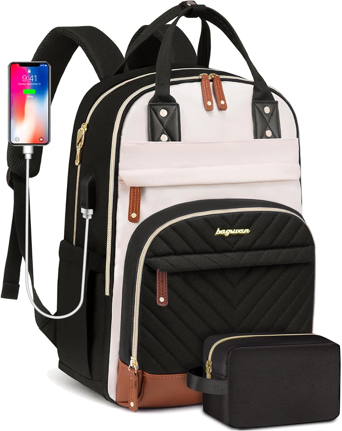 Backpack for Women 15.6 Inch Laptop Backpack Work Business Backpacks Purse Waterproof Computer College Backpacks Nurse Bag Backbag 2 Sets Casual Daypack for Travel Black