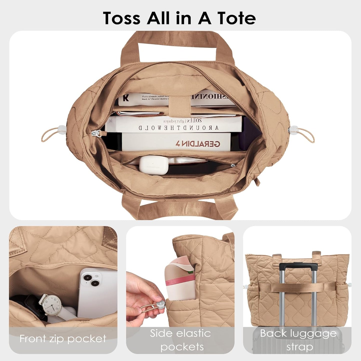TOPEAST Tote Bag for Women Puffy Tote Travel Bag, Light 15.6" Laptop Work Handbag, Quilted Shoulder Bag Purse for Student Gym