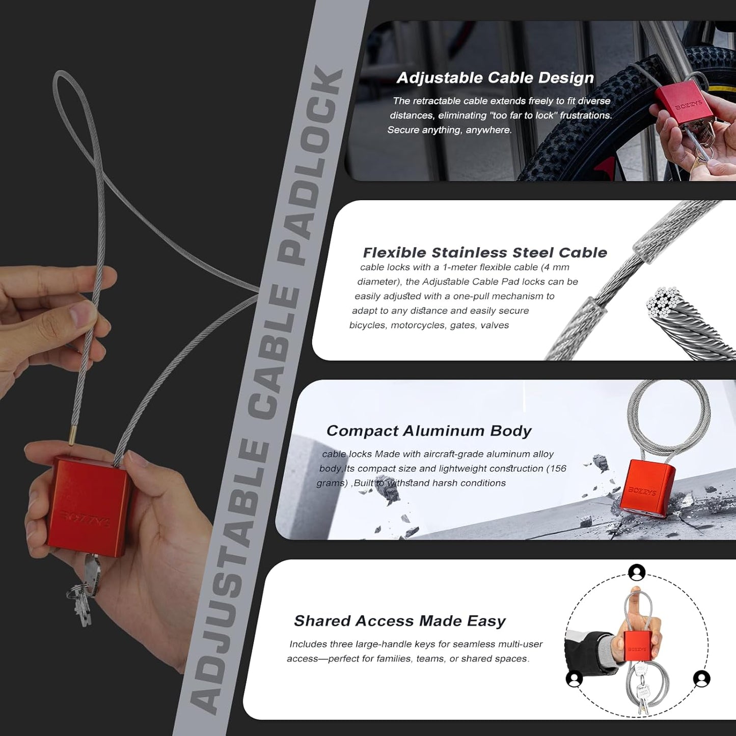 Cable Lock with 3 Keys | L 6.56ft(2m),D 1/6in(4mm) Adjustable Steel Cable Padlock | Aluminum Locks for Bikes, Gate, Lockers & Outdoor Gear | Weatherproof & Red