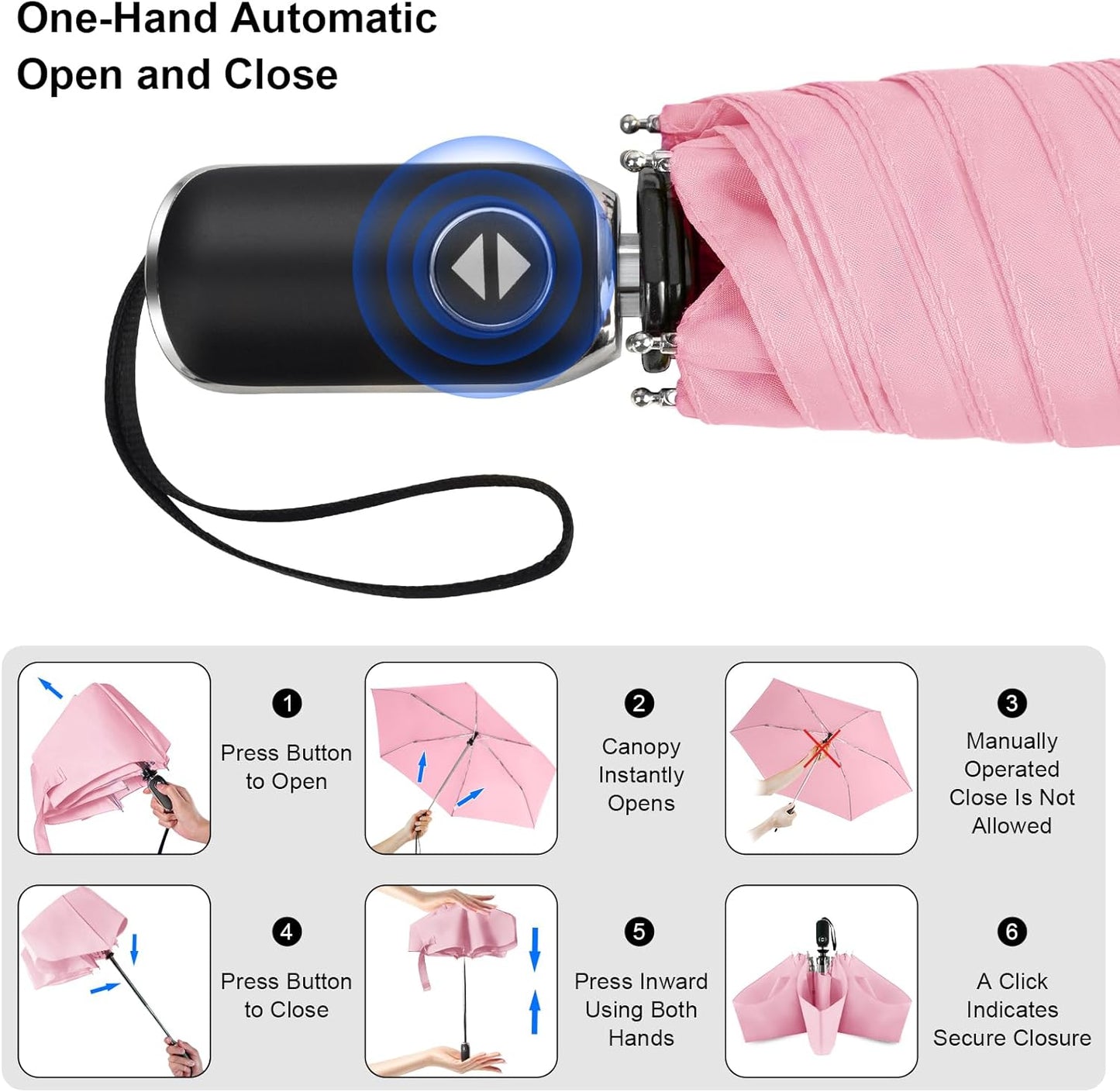 LEAGERA Compact Travel Umbrella for Purse - Flat Handle, Waterproof for Light Rain