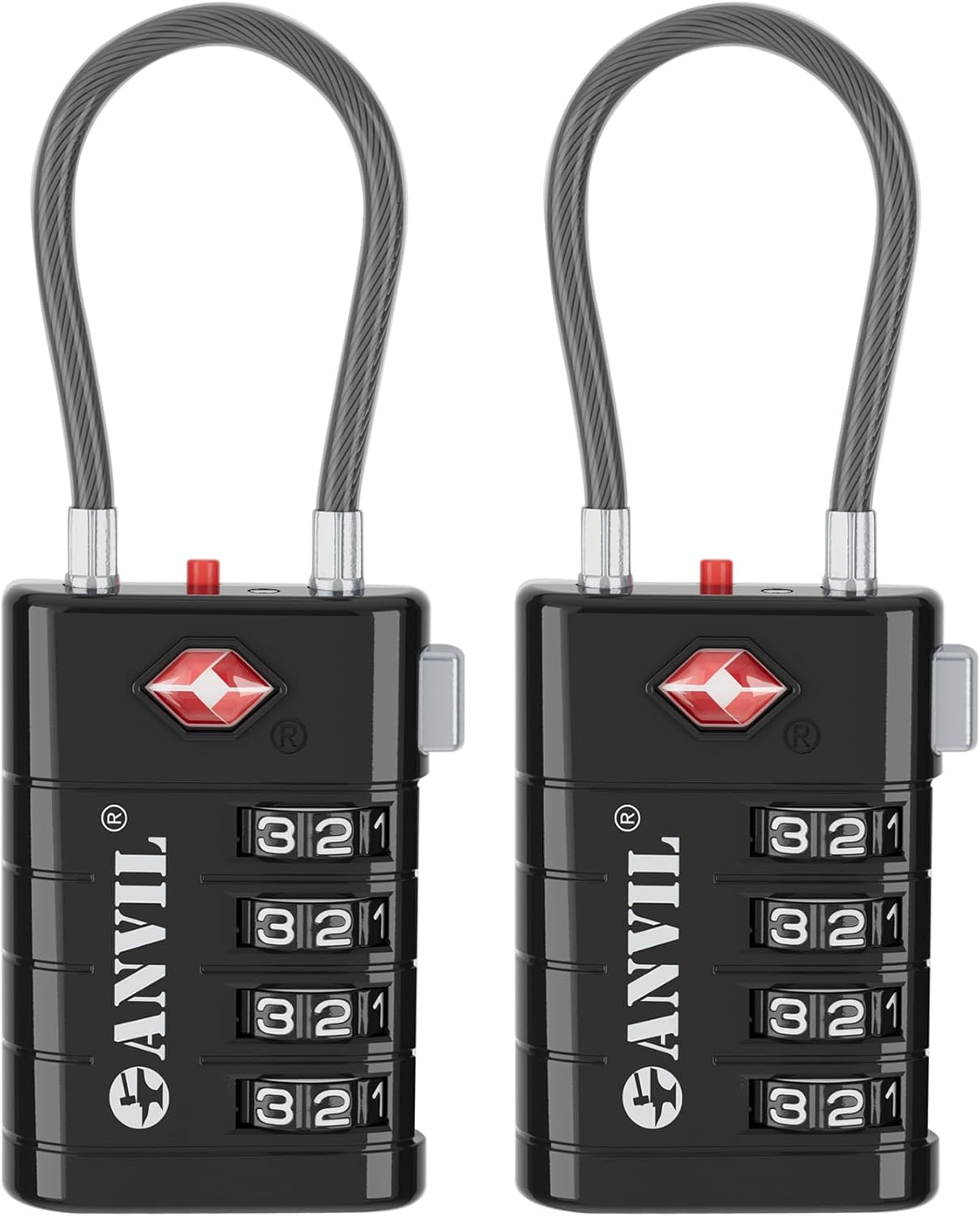 ANVIL TSA Approved Luggage Locks, 4 Digit Combination Travel Suitcase Locks with TSA008 Core and Open Alert Indicator, Zinc Alloy Body. (2, Black)