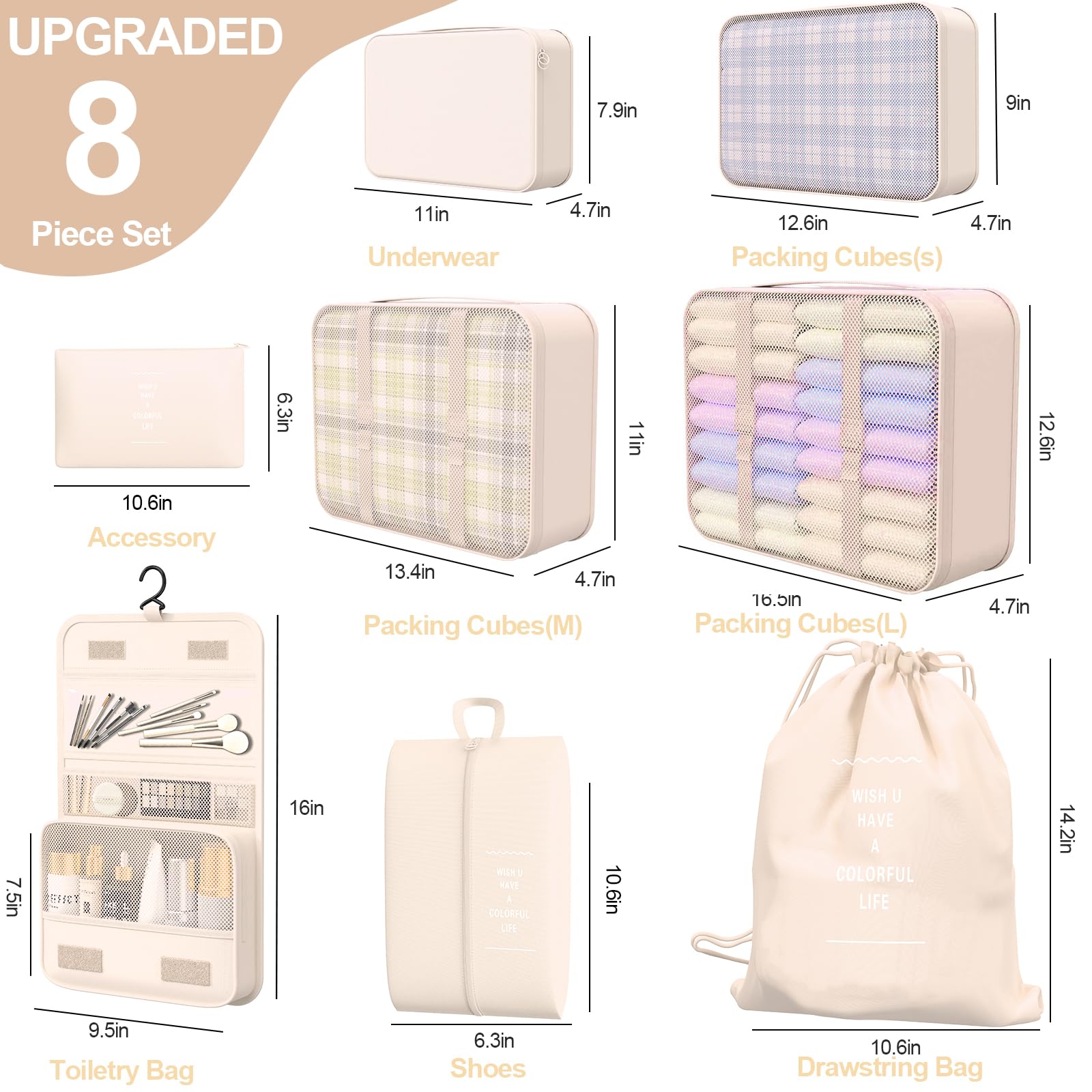8 Set Packing Cubes for Travel,Suitcase Organizer Bags for Luggage with Shoe & Hanging Toiletry