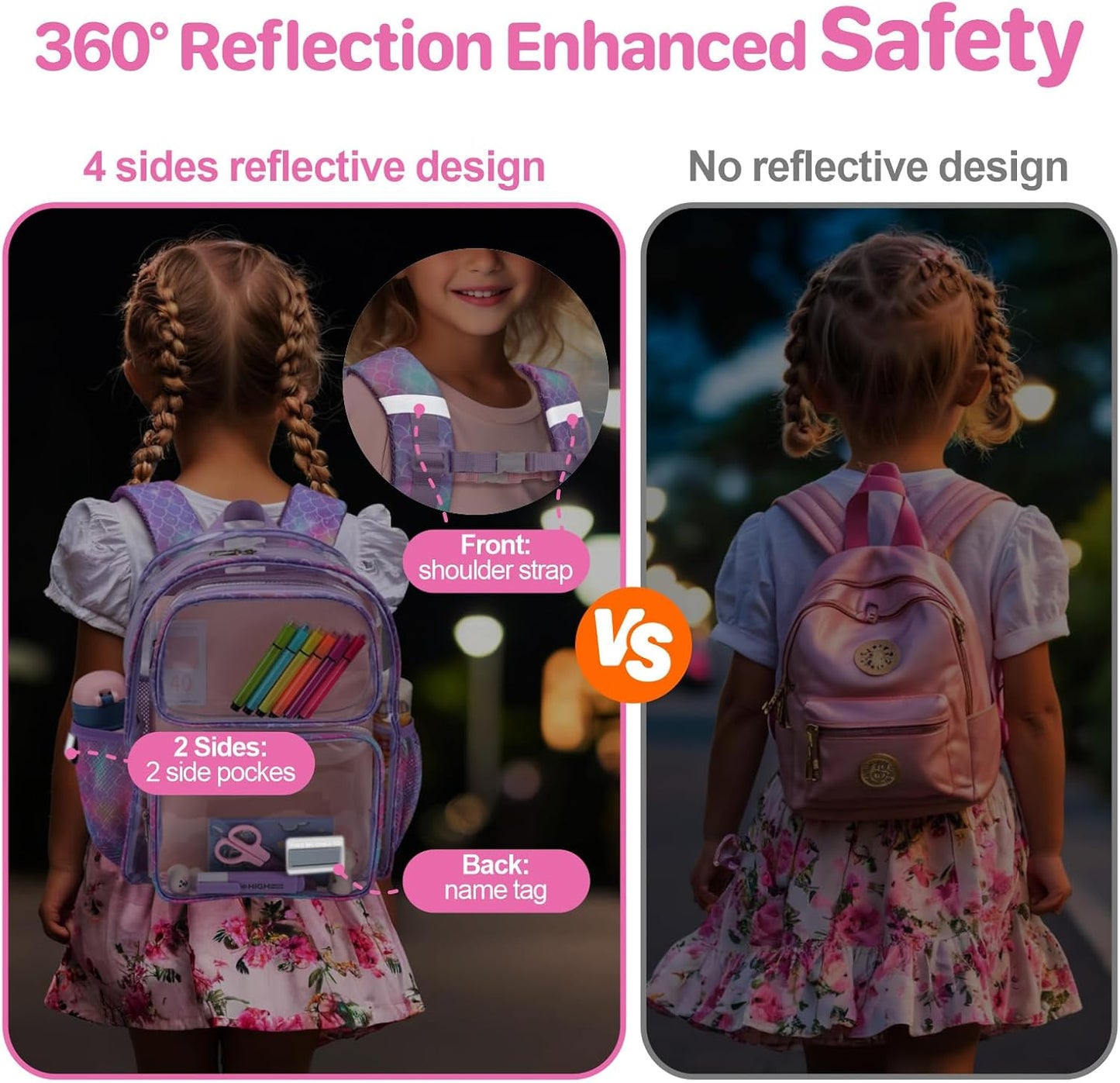 Bagseri 3pcs Clear Backpack for Girls - 15 Inch Backpack and Clear Lunch Bag and Pencil Case Set, Heavy Duty Transparent Bookbag for School, See Through Bag for Kids Aged 3 to 8, Purple Mermaid