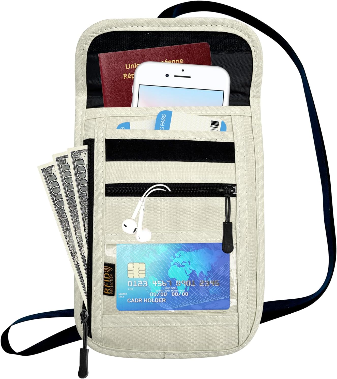 RFID Blocking Travel Neck Wallet Pouch and Passport Holder, Travel Neck Pouch Passport Holder for Women & Men - Beige
