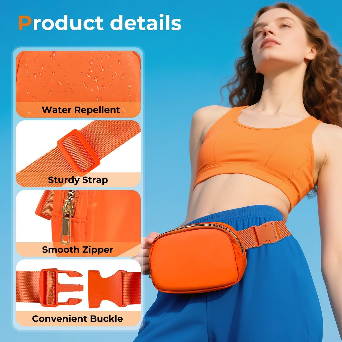 Belt Bag Zipper Fanny Pack Crossbody Bags for Women,Fashion Nylon Waist Packs, Water Repellent Two Way wear with Adjustable Strap Gifts for Teenage Girls Women Men(orange)