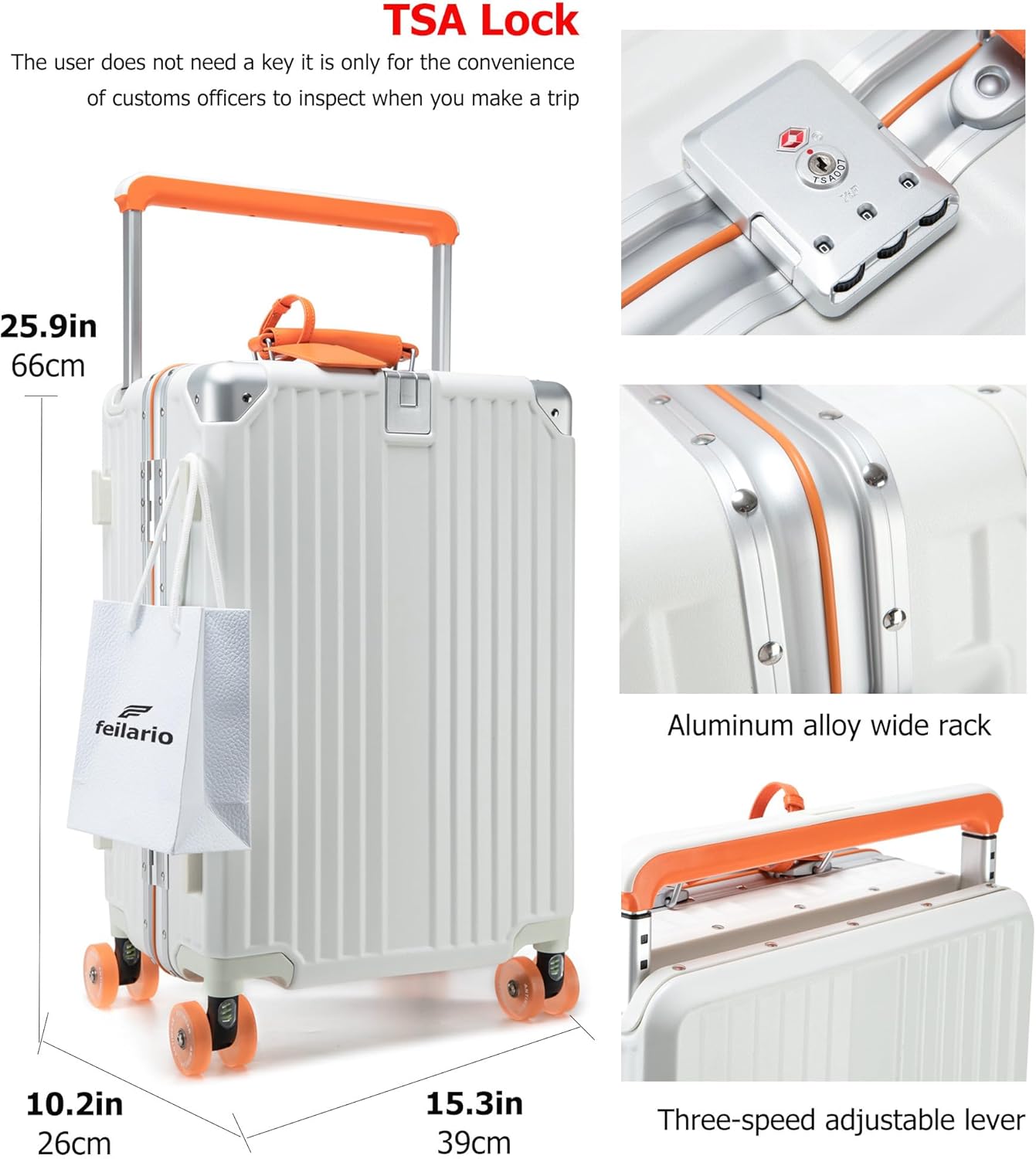 feilario 24" Aluminum Frame Wide Handle Hard Shell Carry On Suitcase - Vivid Colors Double Spinner Wheels Airline Approved Rolling Luggage with TSA Lock & Cup Holder (White, 24in)