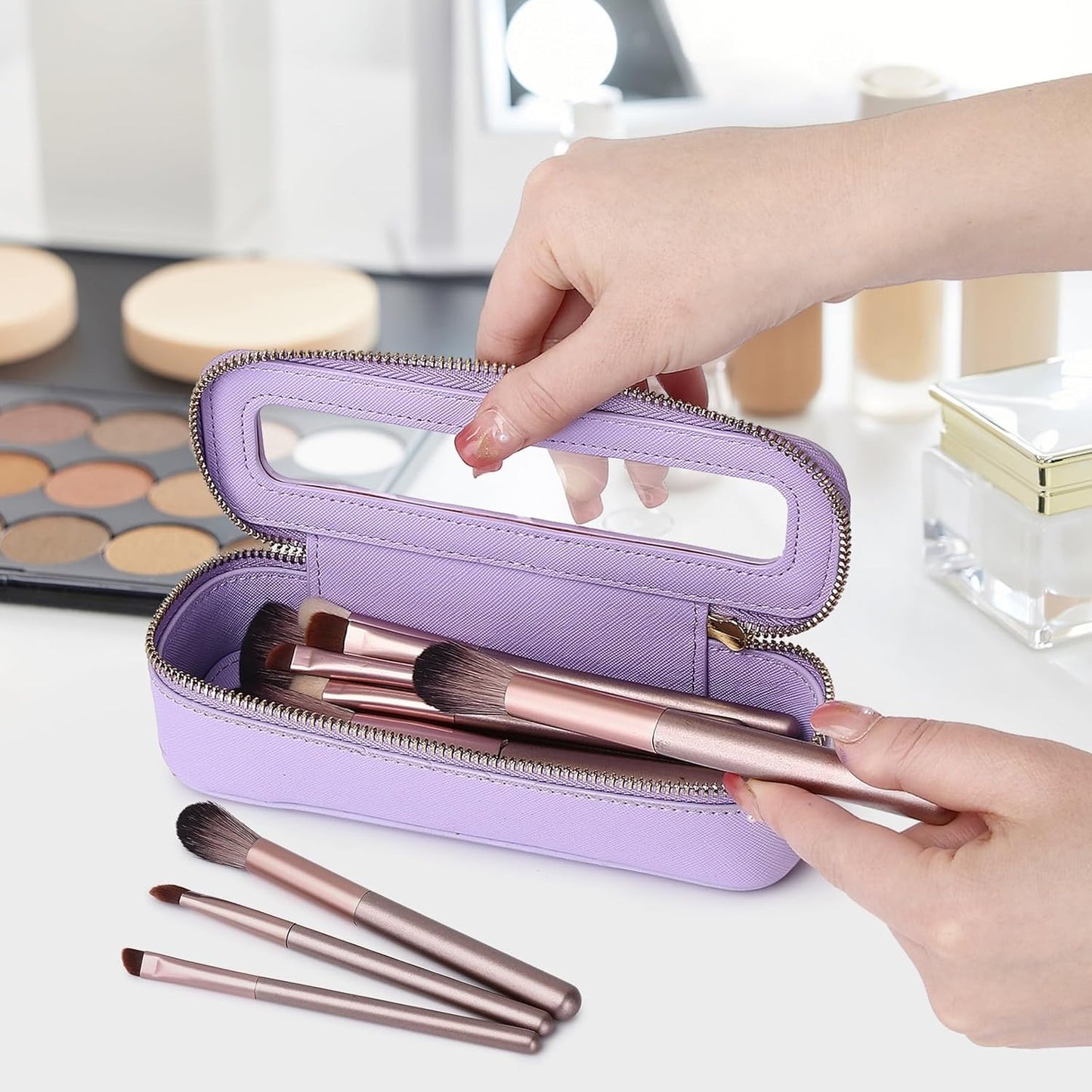 Travel Makeup Set Waterproof Transparent Cosmetic Bag and Toiletry Bag Makeup Brush case with Zipper Car Essentials for Women (Purple, L+M+SLIM)