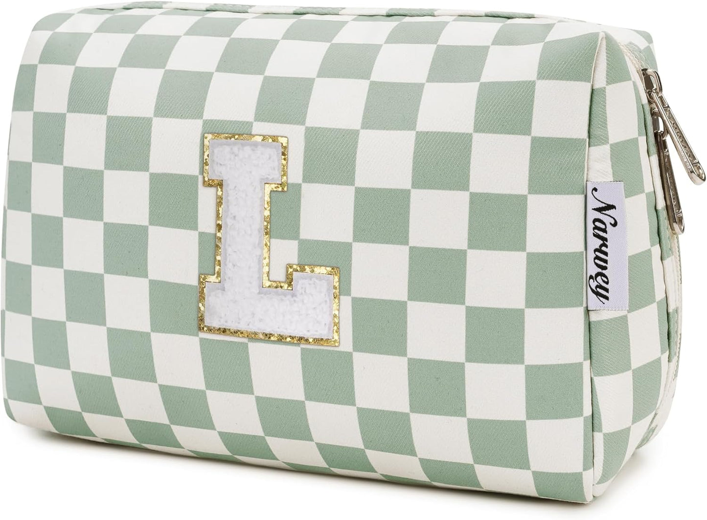 Narwey Birthday Gifts for Teen Girls Women Personalized Initial Checkered Makeup Bag Preppy Cosmetic Bag Trendy Stuff 6 8 10 11 12 13 14 16 18 Years Old Travel Toiletry Bag (Green Letter L)