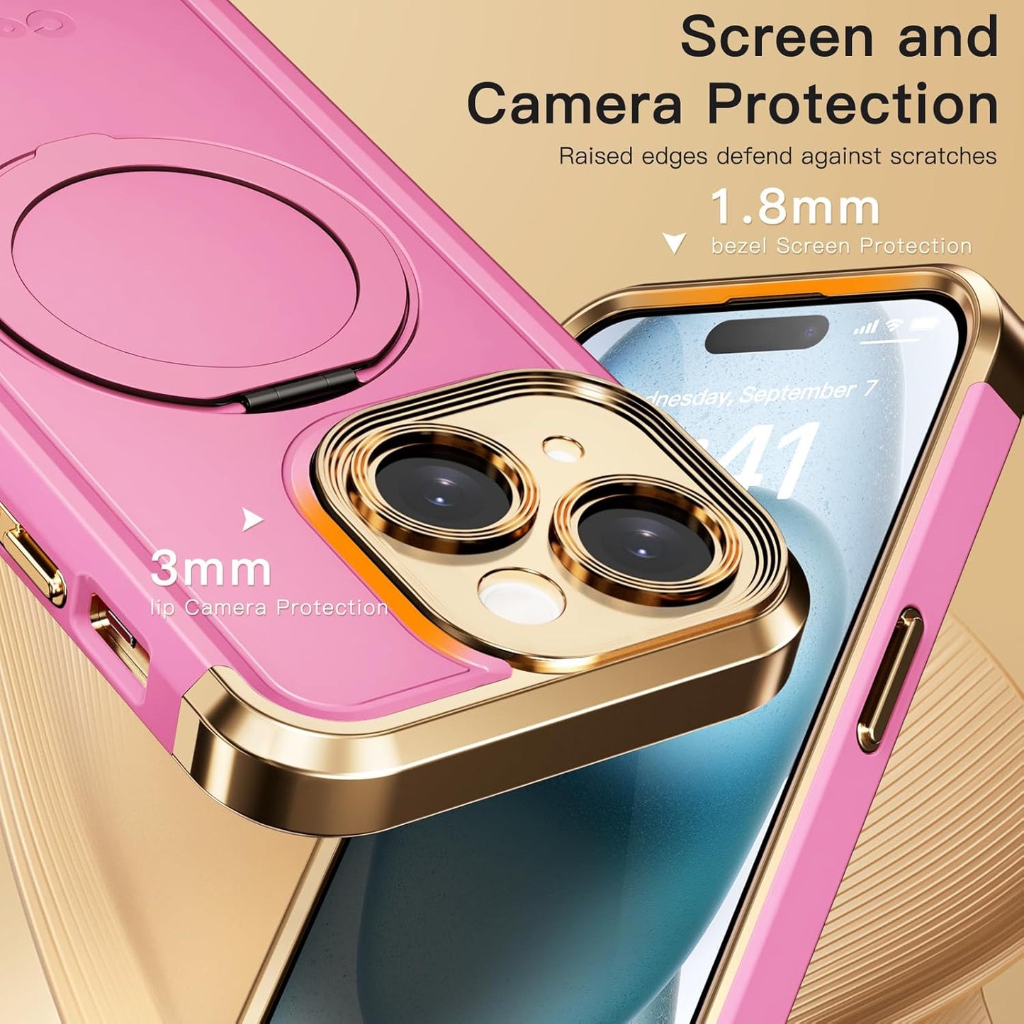 COOLQO for iPhone 15 Plus Case 6.7'' Upgraded 360° Spin Magnetic Stand [Compatible with Magsafe][Military Protection] Shockproof Protective Phone Holder Cover for iPhone 15 Plus, Pink Gold