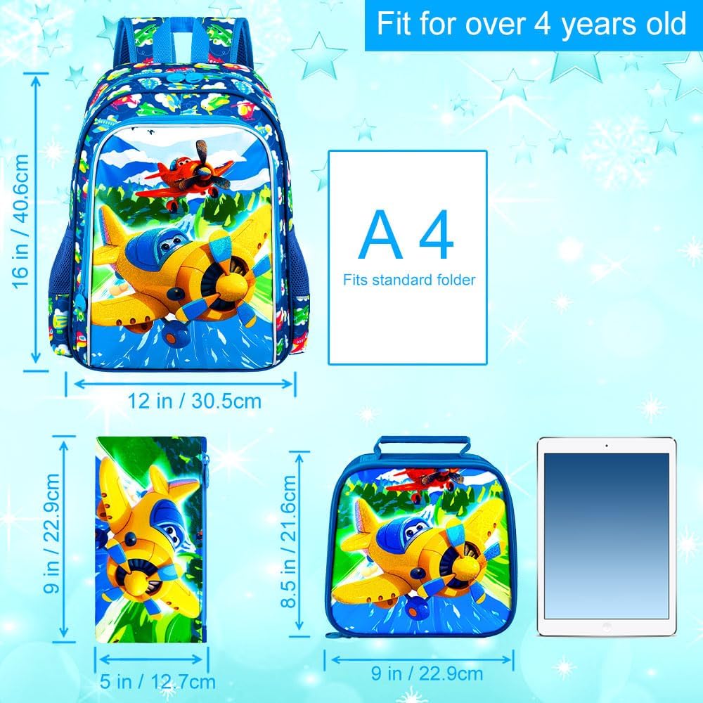 3PCS Boys Airplane Backpack, Water Resistant Kids Backpack Set with Lunch Box, Cute School Bag for Preschool Toddler