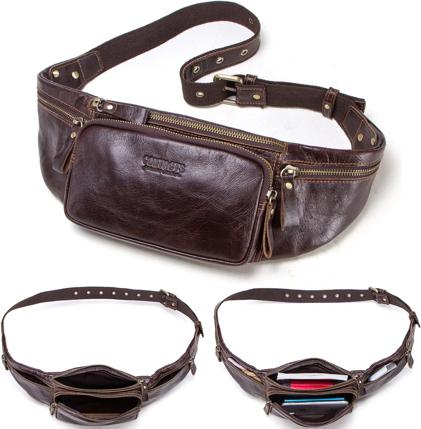 Top Grain Genuine Leather Slim Waist Pack for Man & Woman, Vintage Design & 4 Zipper Pockets & Adjustable Strap, Handmade, Large Capacity Fanny Pack Crossbody Belt Bag for Travel or Ride, Dark Coffee