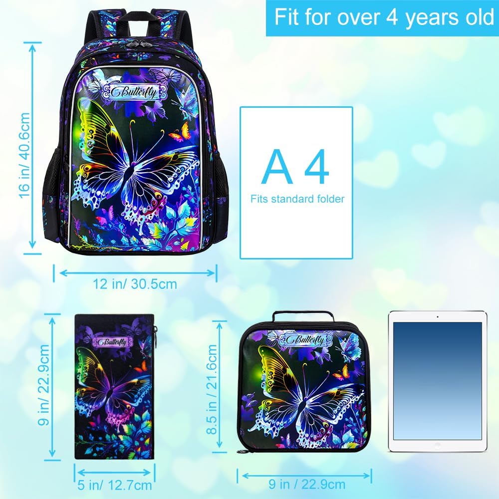 16" Butterfly Backpack for Girls, 3Pcs School Bookbag with Lunch Box, Kids Backpacks Set for