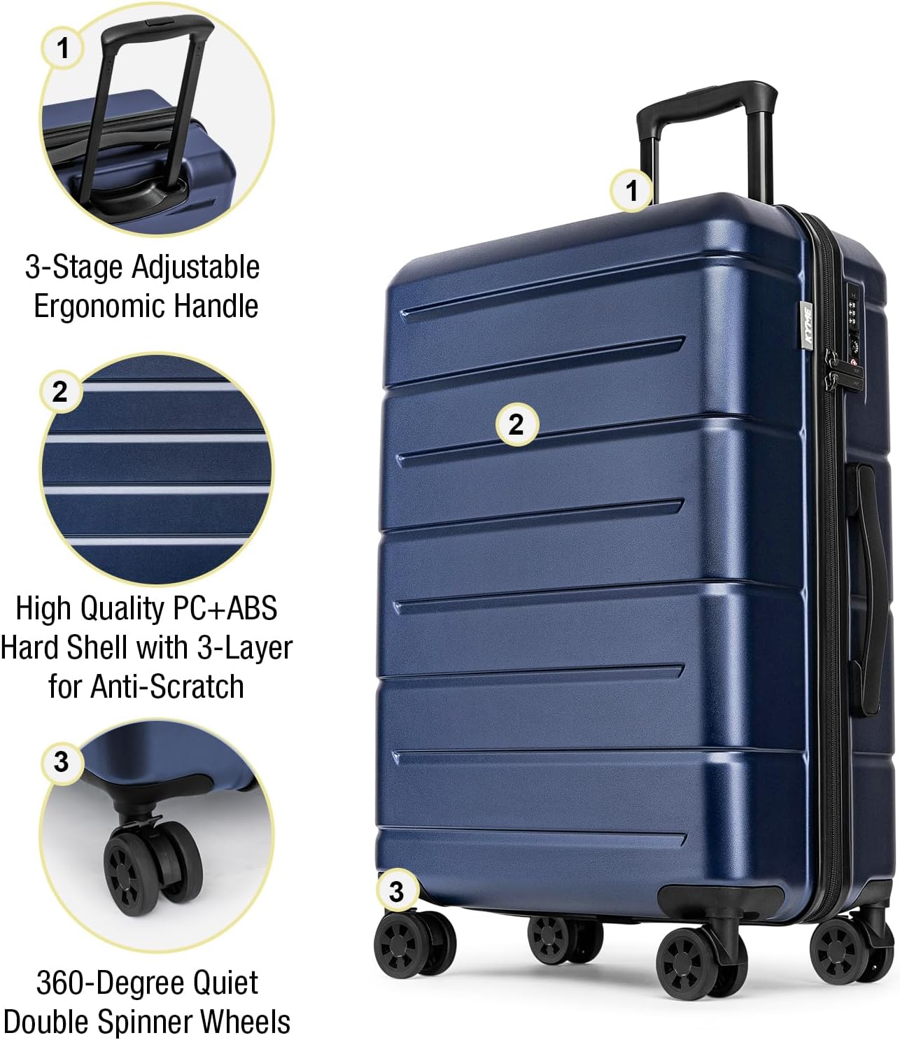 KYME Large Suitcases with Wheels Hardshell 28 Inch Luggage TSA Approved Big Checked Luggage Durable Travel Rolling Suitcase for Women Men Navy