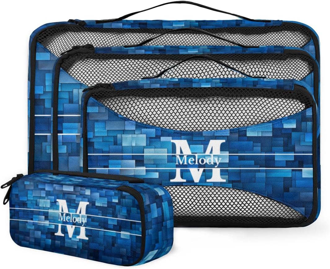 Custom Name 4 Pcs set travel luggage organizer Mesh Travel Essentials for Suitcases, Blue Geometric Pattern with Initial Letter