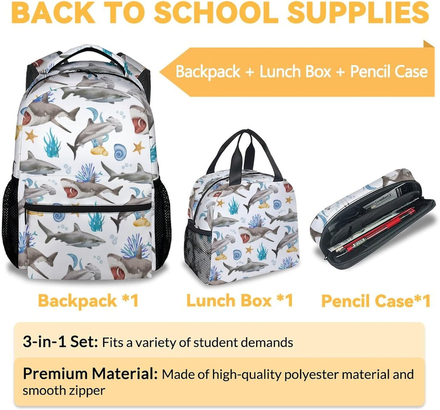 Shark Backpack with Lunch Box, Set of 3 School Backpacks Matching Combo, Cute White Bookbag and Pencil Case Bundle