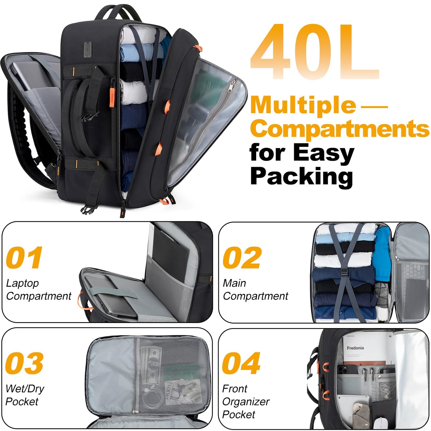 OTTOBAG 40L Travel Backpack 17.3" Laptop Carry On Duffel Flight Approved