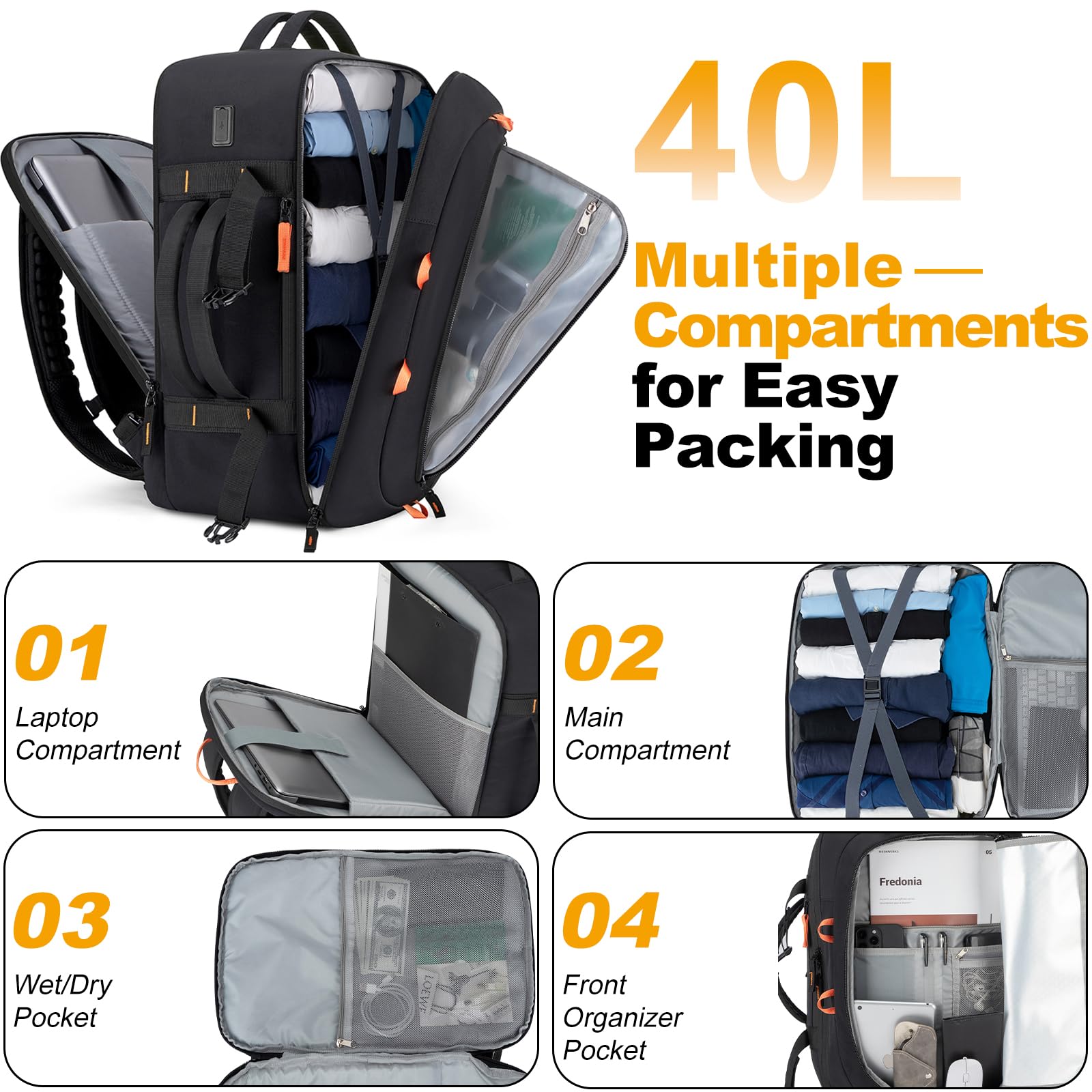 OTTOBAG 40L Travel Backpack 17.3" Laptop Carry On Duffel Flight Approved