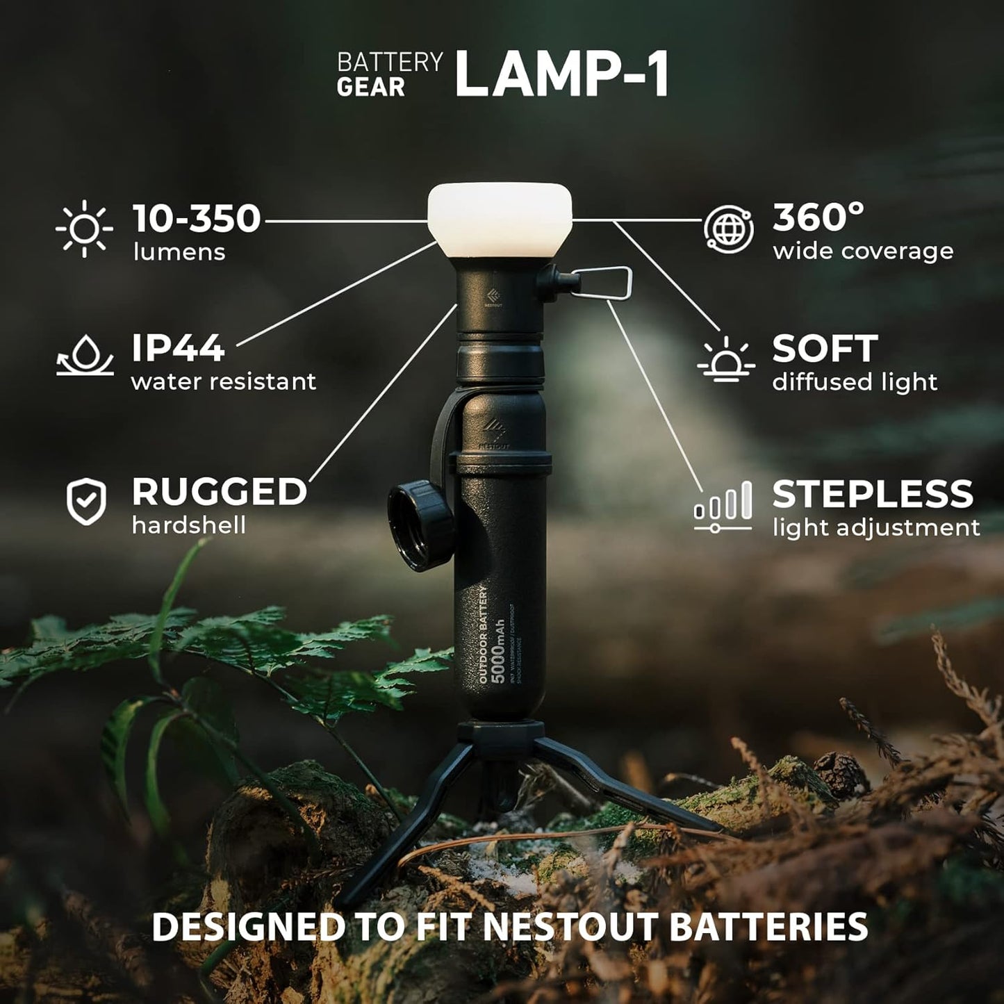 NESTOUT Rugged Outdoor Camping LED Lantern w/ Mini Tripod, Dimmable USB Powered Soft LED Light, IP44 Water Dust Resistant, 10-350 Lumen, Portable Lamp for Power Bank EDC Travel, LAMP-1 (Black)