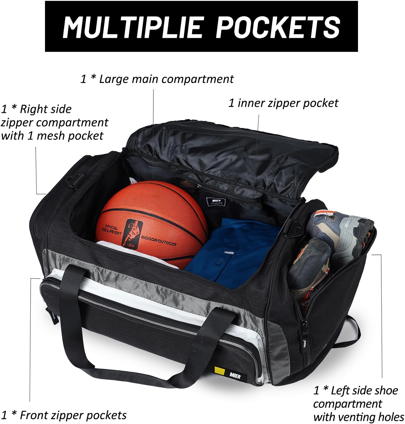 MIER Large Gym Bag for Men Sports Duffle Bag with Shoe Compartment 60L Lightweight Duffel Bags for Workout Fitness Travel