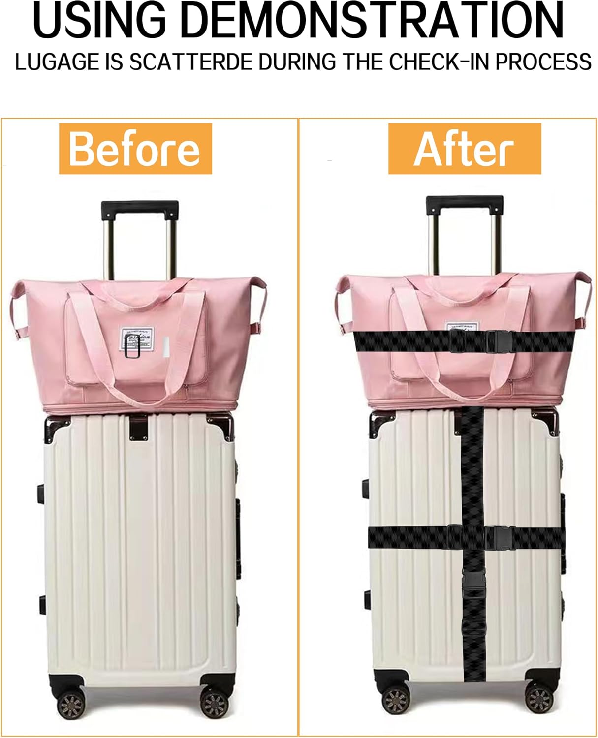 Luggage Straps for Suitcases, Adjustable Travel Belt, Durable Wide Luggage Strap, Cute Suitcase Strap Identifiers with Buckle, Bag Straps for Luggage, Luxury Black Diamond Pattern