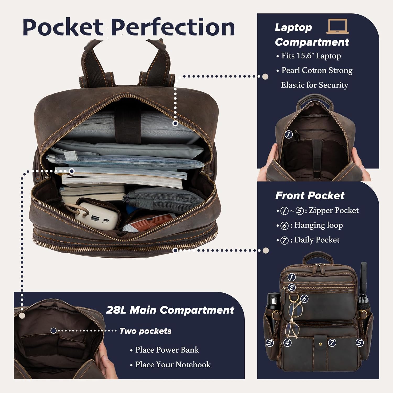 Leather Backpack for Men 15.6" Laptop Backpack 100% Madagascar top-Grain Leather Backpack Dark