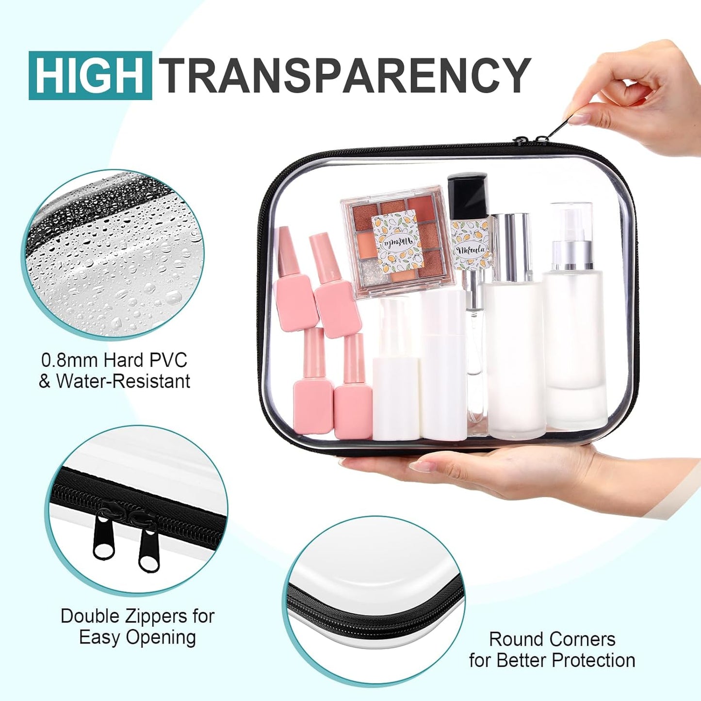 Hoolerry 4 Pcs Hard Clear Zipper Case Makeup Bags Plastic Pencil Pouch Transparent Storage Box